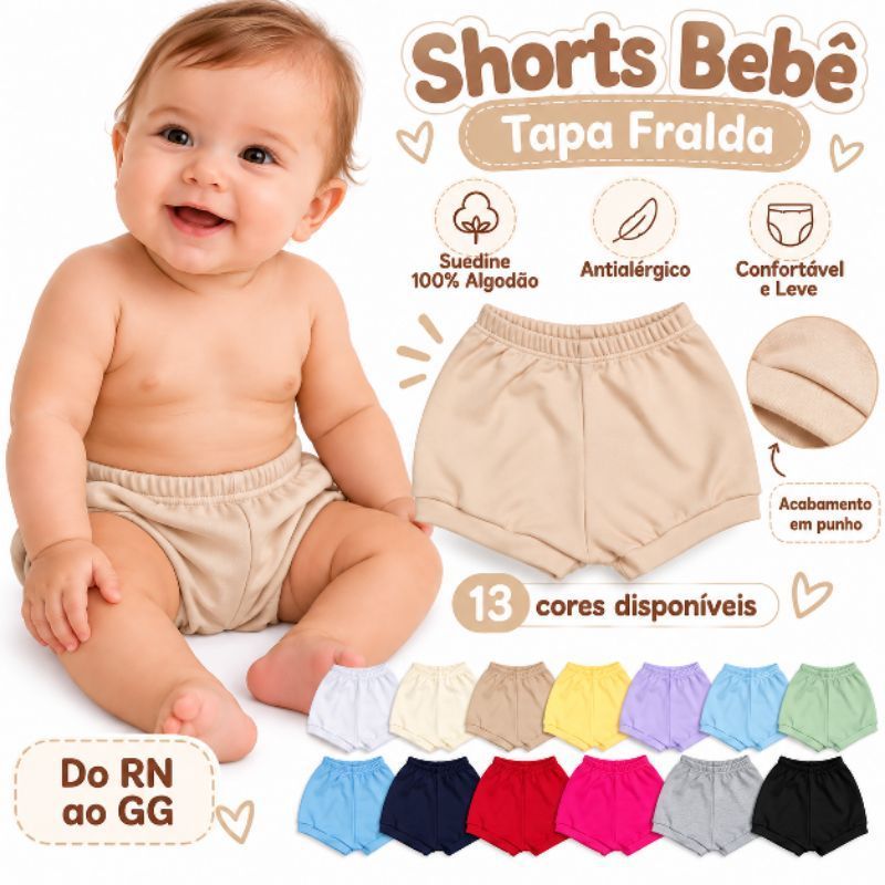 Shorts Bebê Tapa Fralda em Suedine Enxoval Maternidade