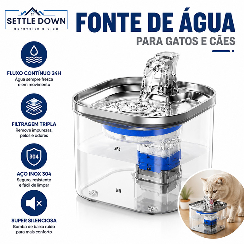 Fonte de Água Pet 2L Inox304 Automática para Gatos e Cães Água Limpa e Fresca Silenciosa