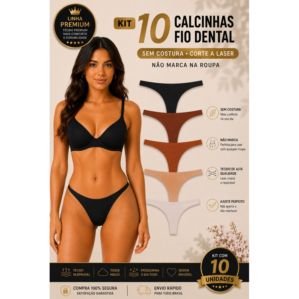 Kit 10 Calcinhas Fio Dental Sem Costura Corte Laser