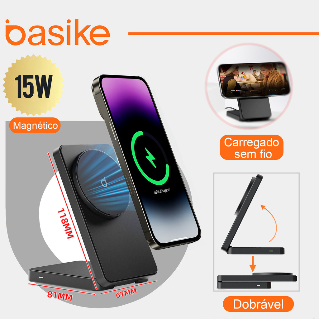 Basike 15w Suporte de Carregador Inducao Sem Fio Magnético Rápido Turbo Magsafe Portátil Dobrável