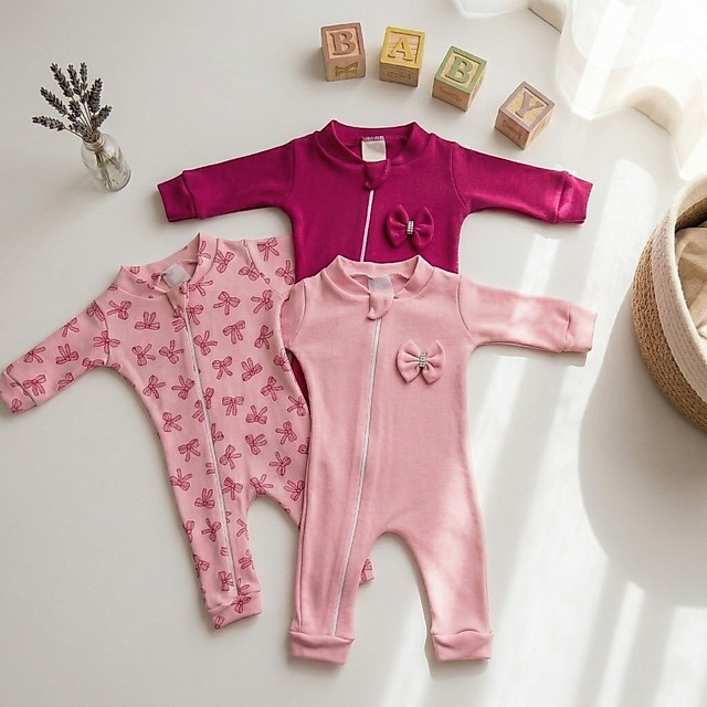 Macacão de Zíper Bebe Menina 03 Peças Algodão moda bebê feminina rosa pink roupas de bebê