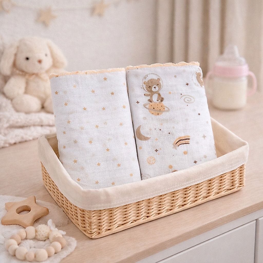Kit Toalha Fralda Bublim Luxo Festonê Urso - 2 Peças