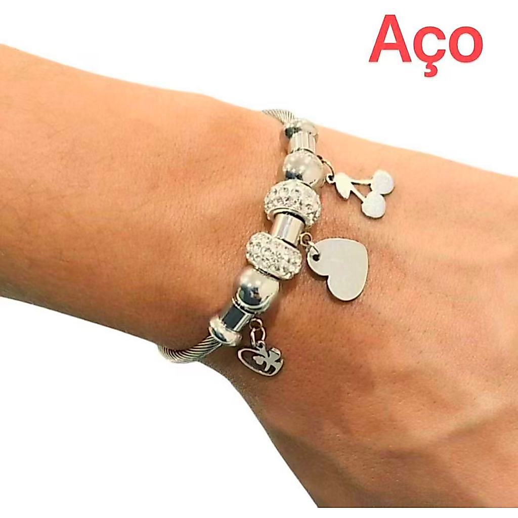 Aço Pulseiras Pingente Feminina com Berloques Prata Aço inoxidável Atacado