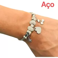Aço Pulseiras Pingente Feminina com Berloques Prata Aço inoxidável Atacado
