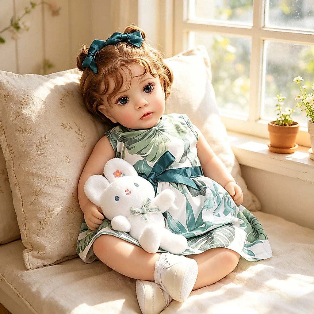 Bebê Reborn Corpo de Pano 55cm Menina Olho Azul Grande Muito Macio Vestido Verde Acessórios Inclusos BRASTOY