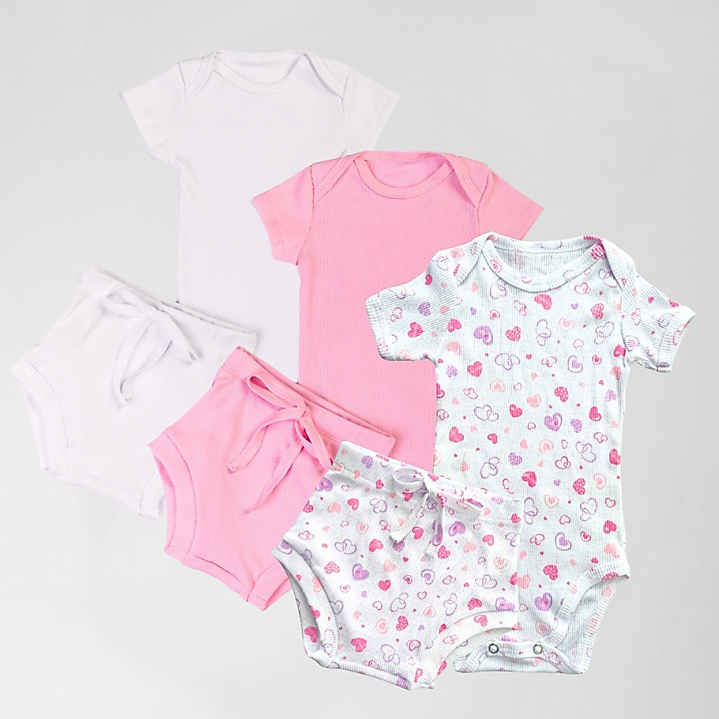 Kit Bebê primavera verão 3 Conjuntos Body Manga Curta e Short Canelado 100% Algodão 01k3c1