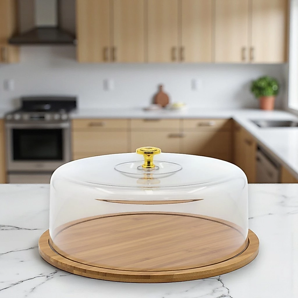 Boleira Porta Bolo Torta Base Bambu Tampa Acrílico Pegador Dourado — imagem 1