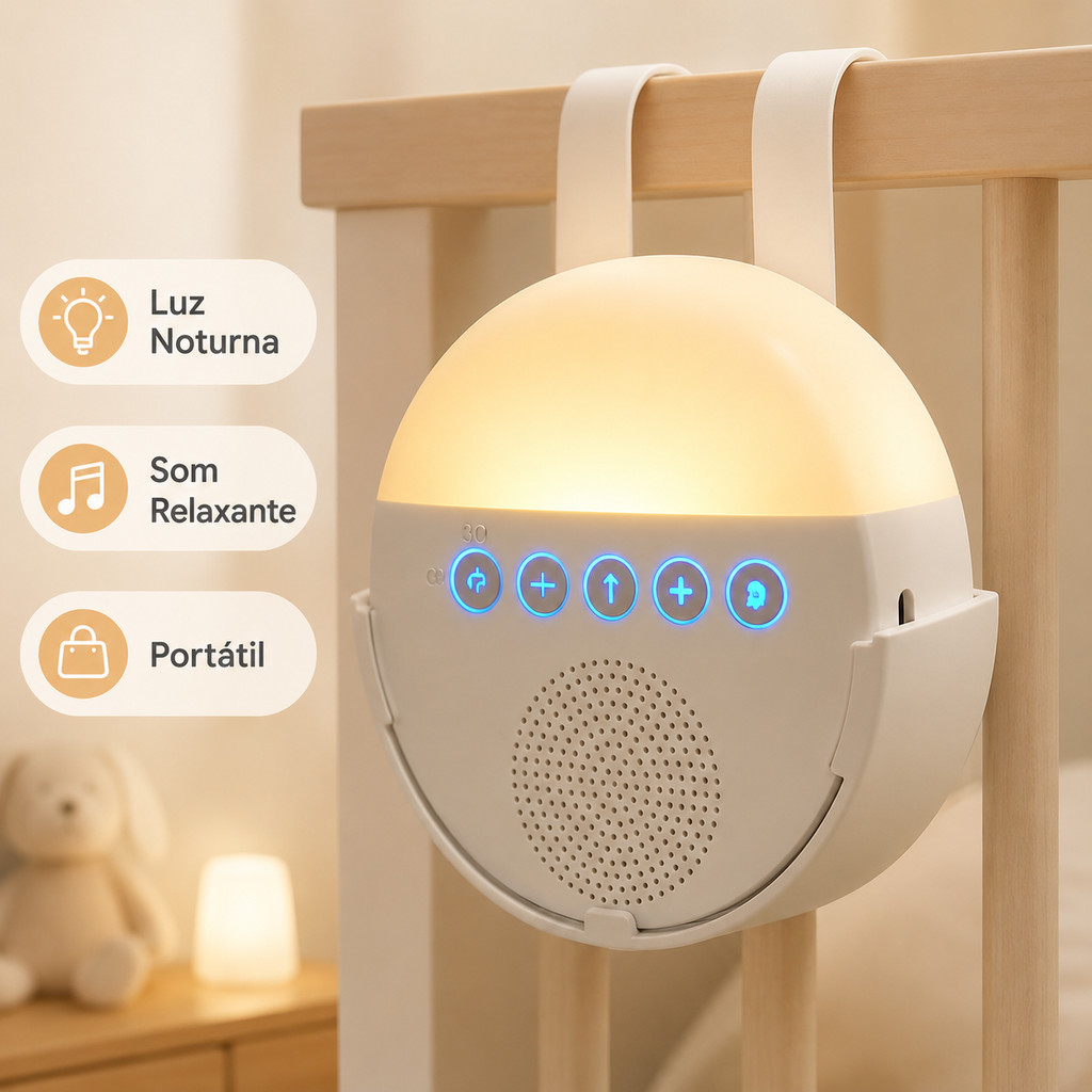 Imagem Maquina de Ruido Branco para Bebes e Criancas com Multiplos Sons Relaxantes Luz Noturna Temporizador USB Recarregavel