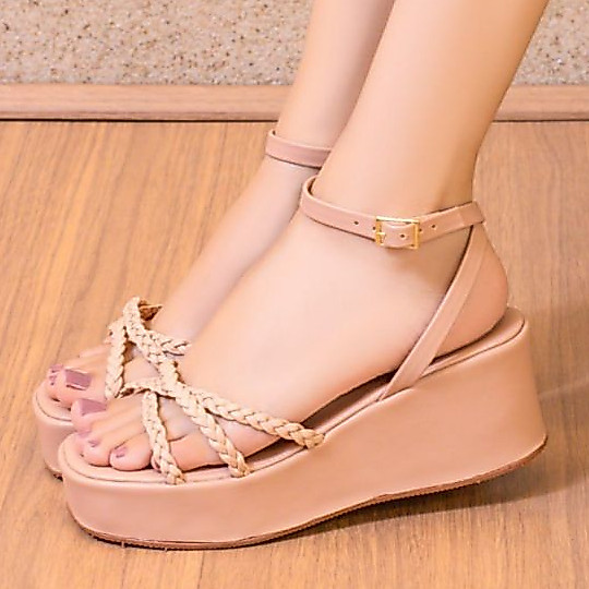 Sandália Salto Anabela Plataforma Papete Peep Toe Confort tira Trança ref 2130 — imagem 2 de 2