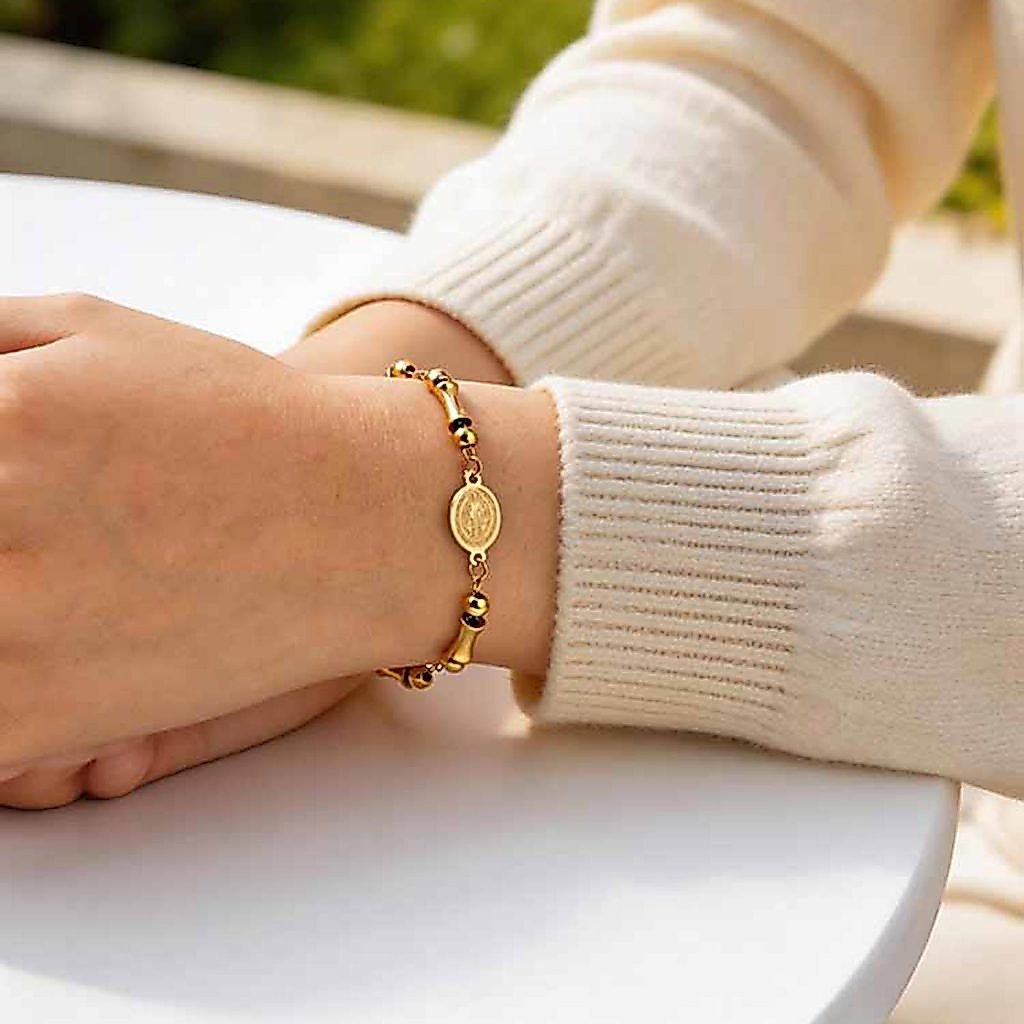 Pulseira de Cruz de São Bento Com Contas de Bambu de Aço Inoxidável Vnox Para Mulheres, Pulseiras Hipoalergênicas de Ou · foto 2
