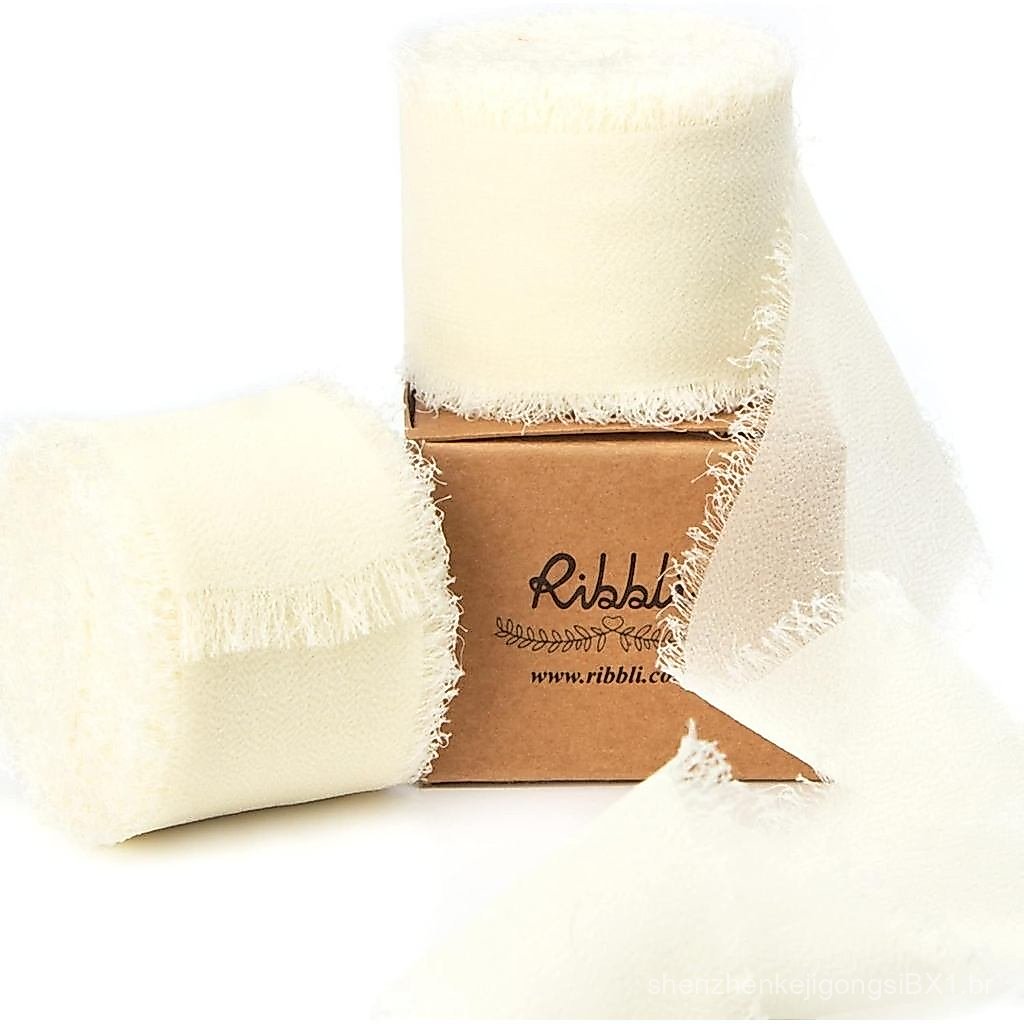 Fita de Seda Ribbli Chiffon 1-1/2 polegadas x 20 jardas com Franjas Artesanais em Creme Marfim para Convites de Casament