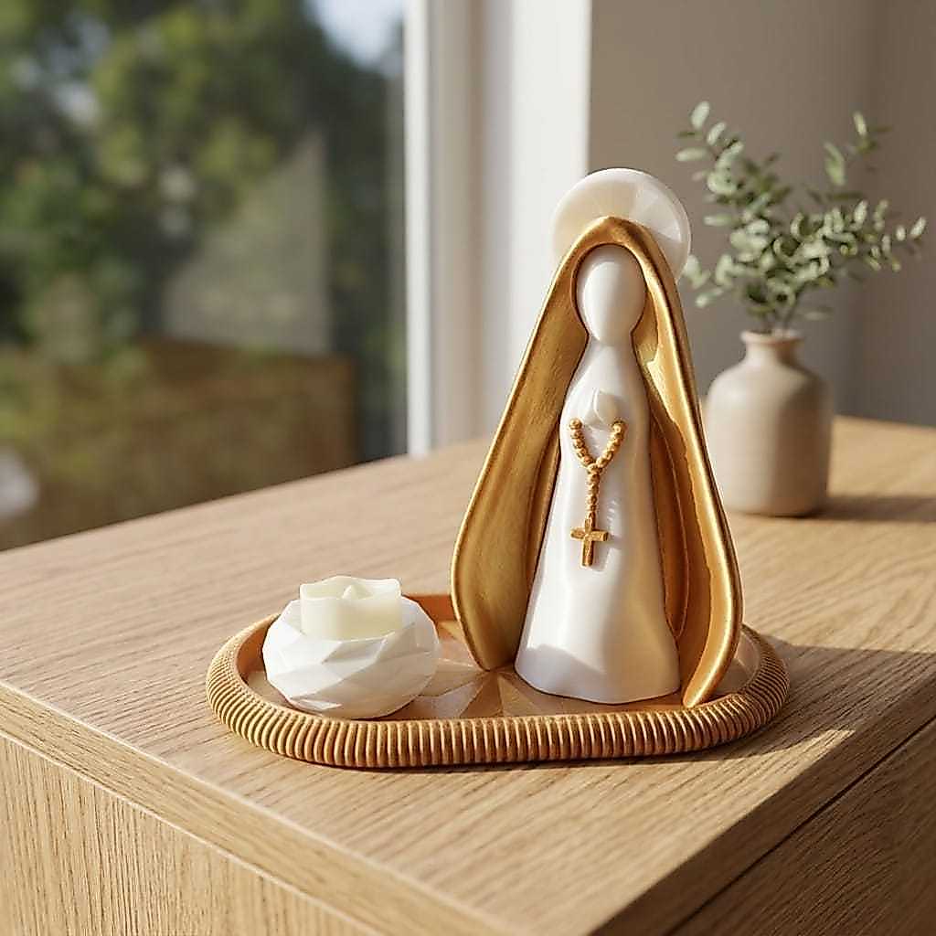Kit Nossa Senhora Decorativa com Bandeja e Vela LED | Presente Religioso | Decoração Católica | 3D
