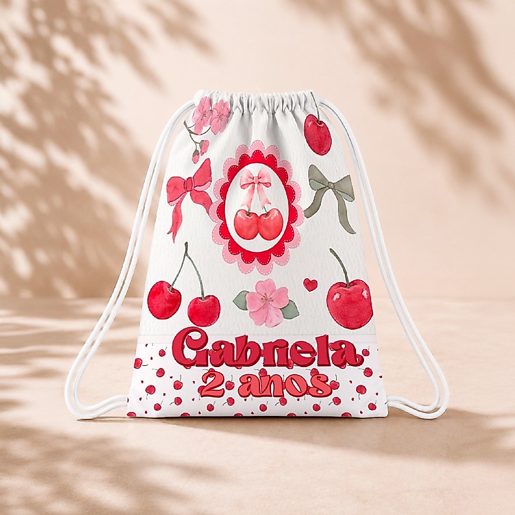10 Mochila Personalizada Infantil 18x26 Sacolinhas Surpresa Festa Aniversário Lembrancinha Cerejinha Aquarela