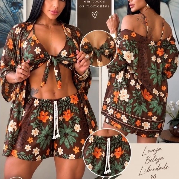 Conjunto Kimono Feminino Short Top com Bojo Viscolinho Praia Casual Chique Blogueira — imagem 1