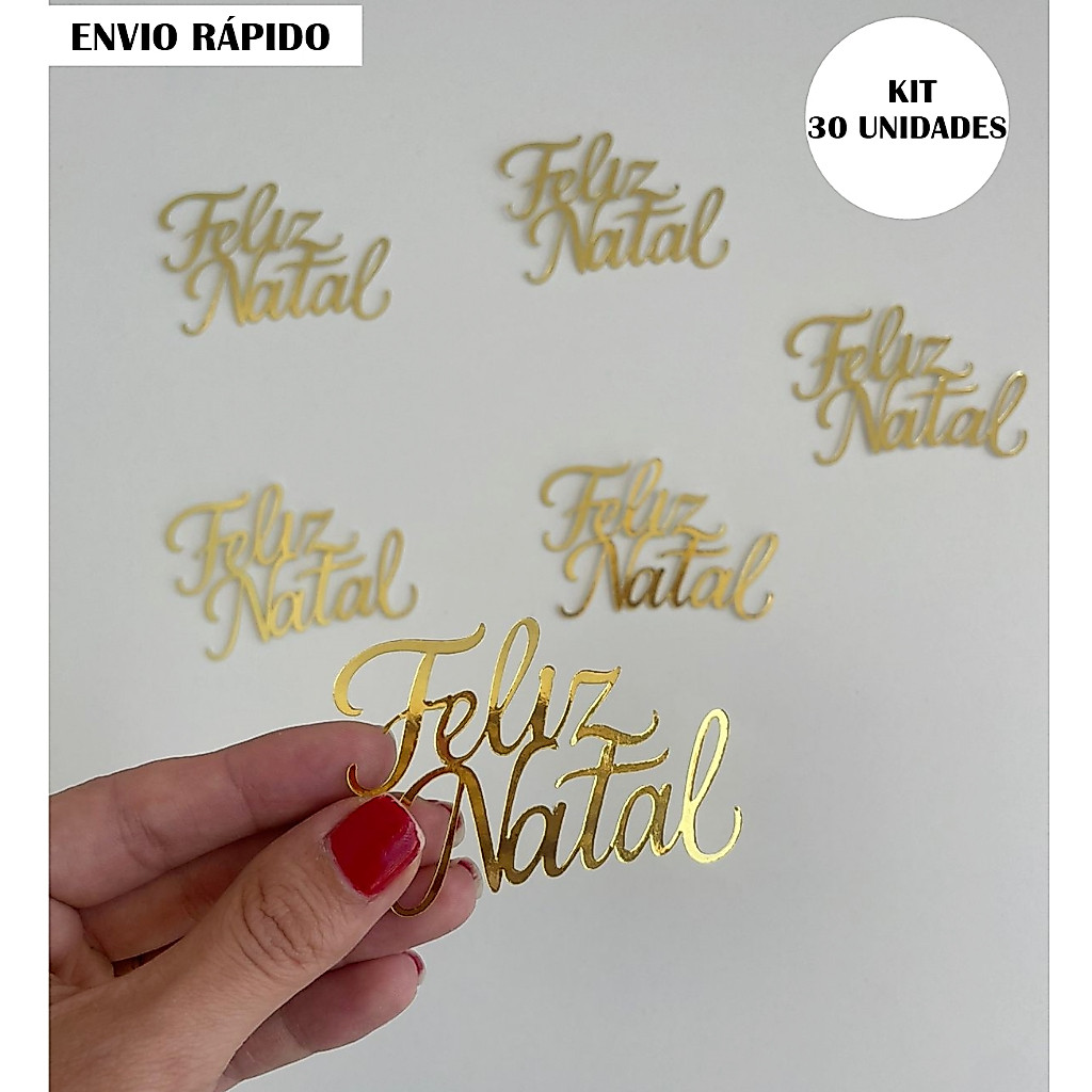 [ENVIO RÁPIDO] Kit 30 Apliques Feliz Natal Dourado Lamicote 250G- Enfeite/ Lembrancinhas Natal/ Personalizados Natalinos
