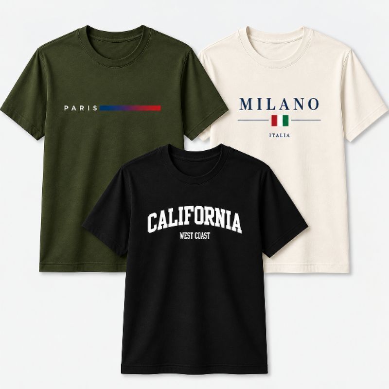 Kit 3 Camisas Camisetas Masculinas Paris Milano California Algodão Slim Estampadas Premium