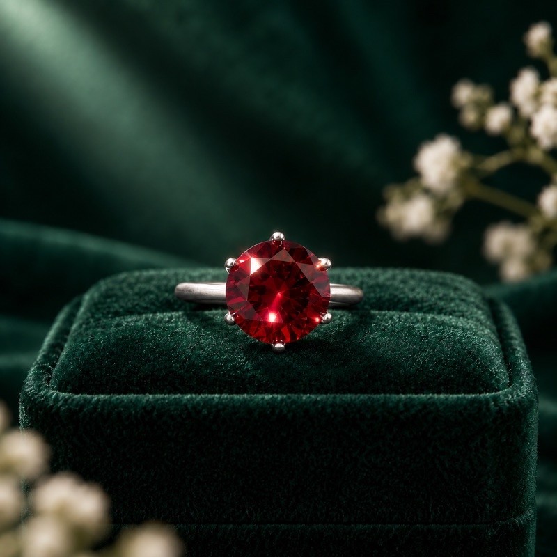Anel Feminino Solitário 12mm Vermelho em Prata 925 Elegante