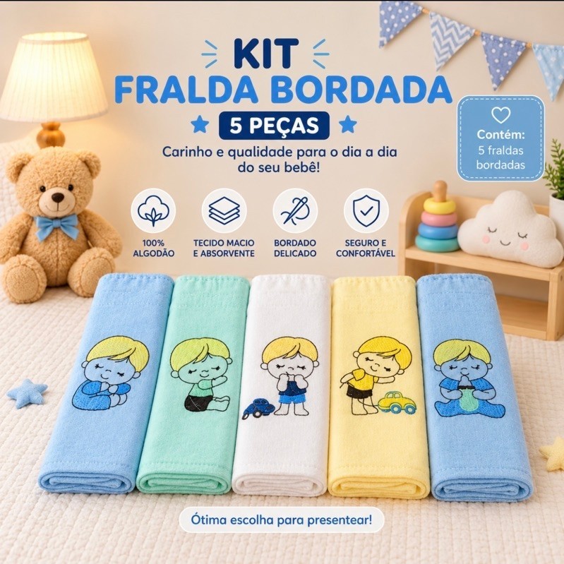 Kit Fralda de Pano Bordada Tecidos Duplo, com 5 unidades 70x70cm  100% Algodão Feminina e Masculina.