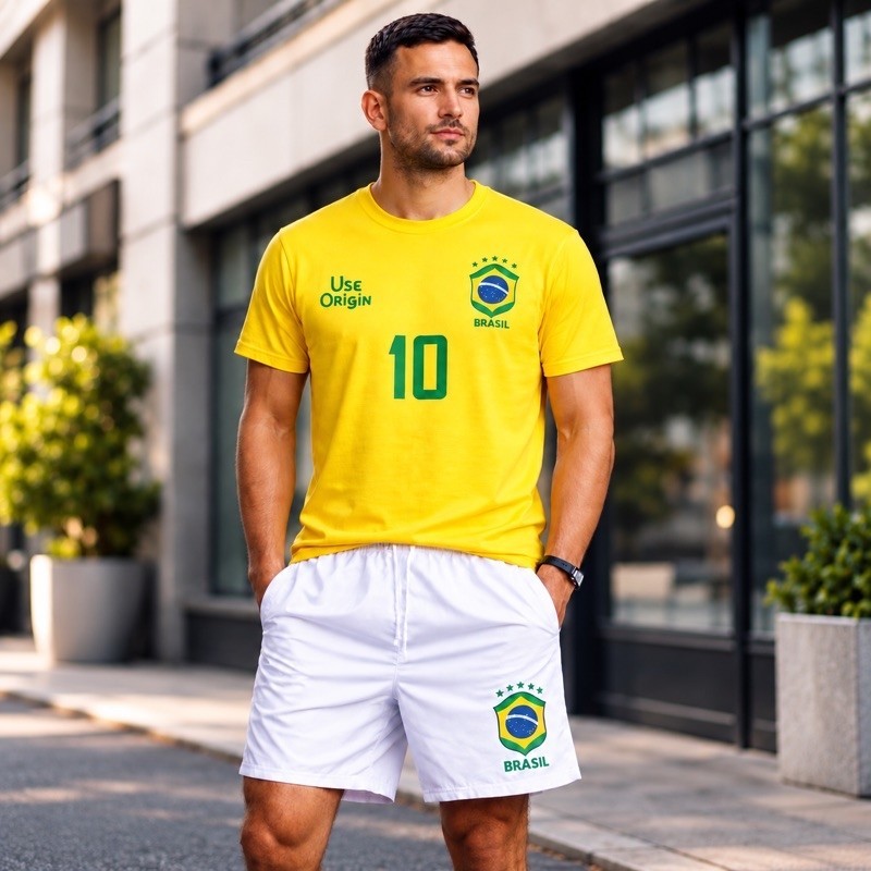 Conjunto Kit Brasil Masculino Camiseta 100% Algodão + Short Tactel Premium Torcedor Futebol