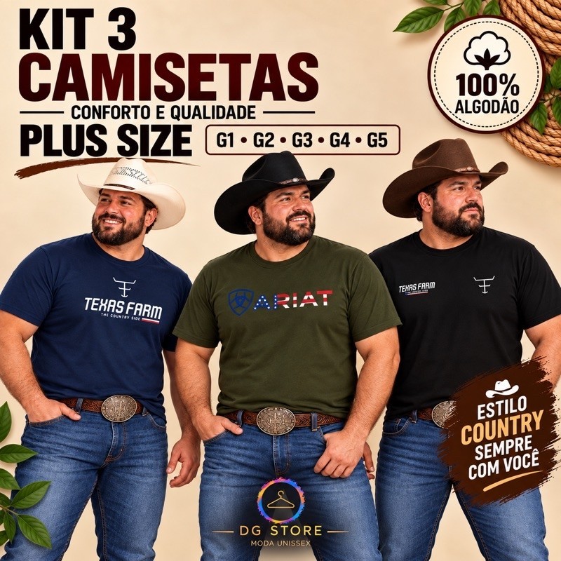 Kit 3 CAMISETAS TEXAS FARM ARIAT Masculina 100% Algodão Hipoalergênico blusa básica moda casual G1 G2 G3 G4 G5 country