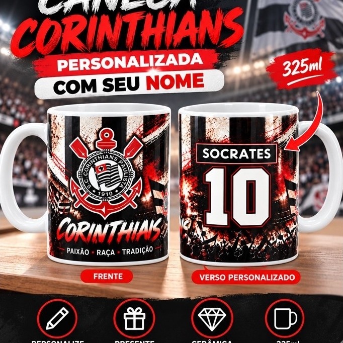 Caneca Corinthians Personalizada com Nome 325ml Presente Torcedor Timão Caneca Xícara Copo Cerâmico Personalizada