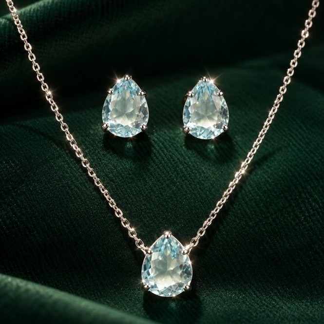 Conjunto Brinco e Colar Acqua Marinha Gota em Prata 925