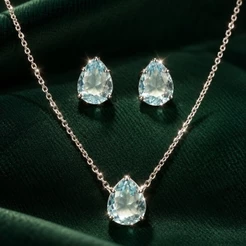 Conjunto Brinco e Colar Aquamarine Gota em Prata 925