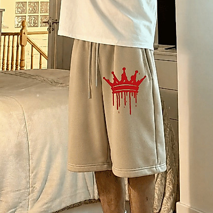 Short Baggy Moletom Masculino Estampado Estilo Urbano Oversized Larga Cós Elástico Algodão Casual Masculina Streetwear