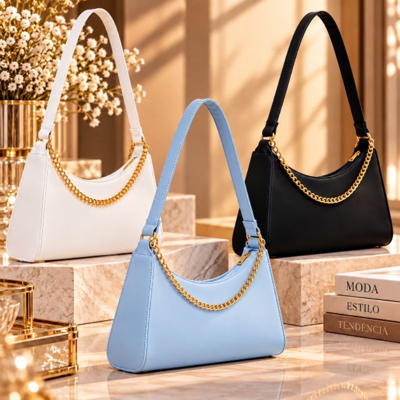 KIT DE 3 BOLSAS BAGUETE FEMININA DE OMBRO E CORRENTE DOURADA