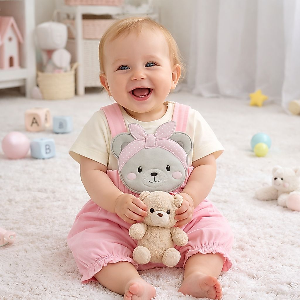 Conjunto Bebê Menina Macacão JardineiraBordado 3D + Body 100% algodão M.Baby P M G
