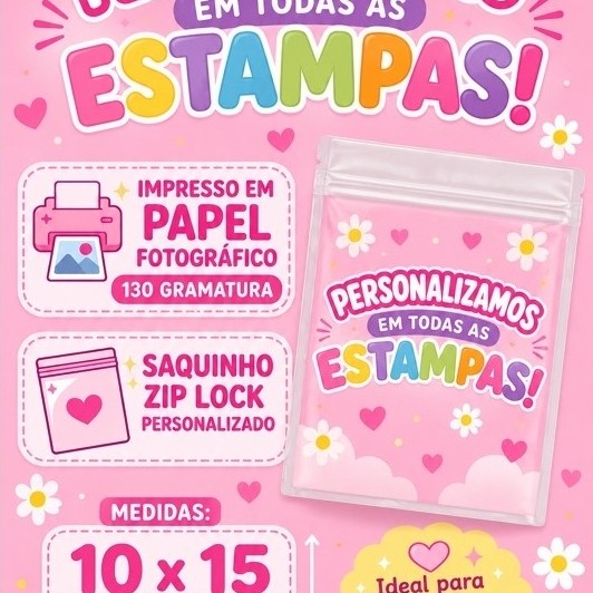 Saquinho Zip Lock Personalizado Lembrancinha Festa Todos os Temas 10x15