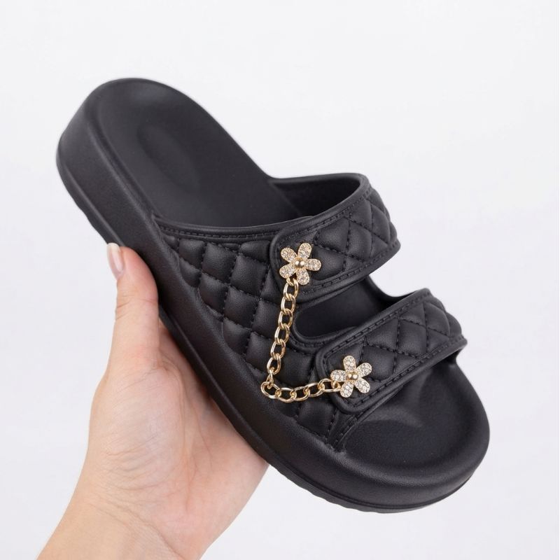 Sandália Feminina Slide Branca Rasteira Confortável 2 Tiras Corrente Dourada Casual Elegante