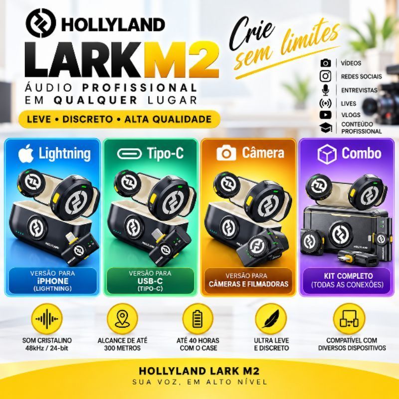 Microfone de Lapela sem fio Hollyland Lark M2 Versão Combo | Versão Lightning | Versão Tipo-C