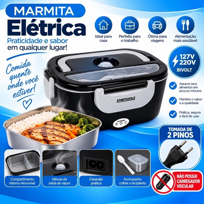Marmiteira Termica Eletrica Bivolt Portatil Aquecedor Refeicoes Compacta Preta