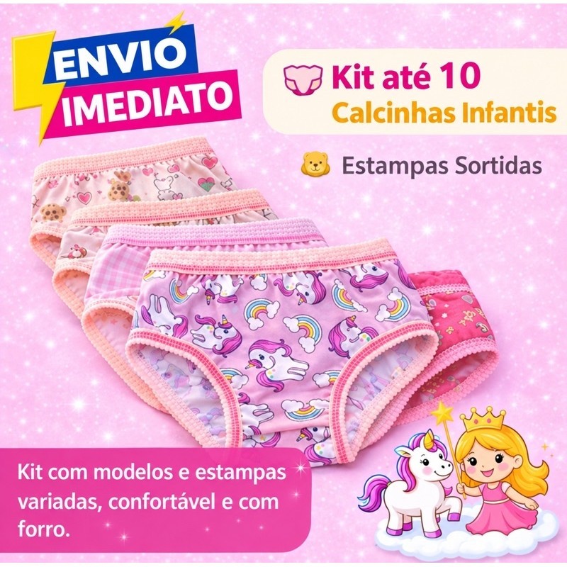 Kit Até 10 Unidades de Calcinha Infantil Menina 1 a 7 Anos Estampas Variadas