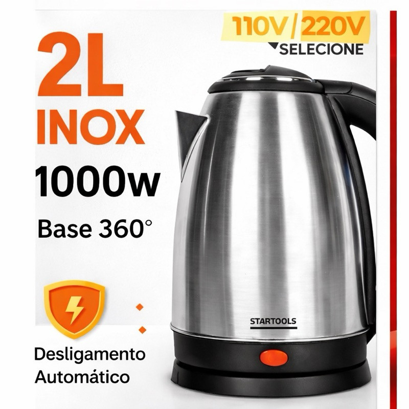 Chaleira Elétrica 2 Litros de aço inox  127/220V preto e inox 1000/1500w