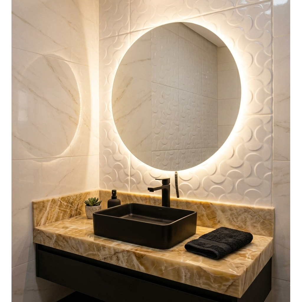Espelho Redondo 80Cm X 80Cm Lapidado com LED À PILHA ou COM FONTE 12V Ambiente M