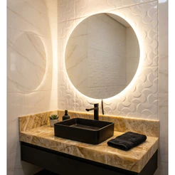 Espelho Redondo 80Cm X 80Cm Lapidado com LED À PILHA ou COM FONTE 12V Ambiente Moderno Decoração