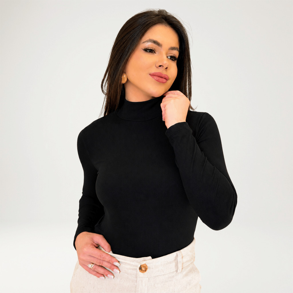 Blusa Manga Longa Feminina Canelada Premium P ao G1 Gola Alta Moda Inverno Frio Elegante