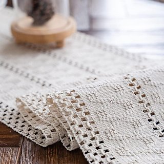 Caminho de Mesa em Macramê Creme Bege, Estilo Boho, com Franjas, Tecido à Mão em Algodão, Caminho de Mesa Rústico para C
