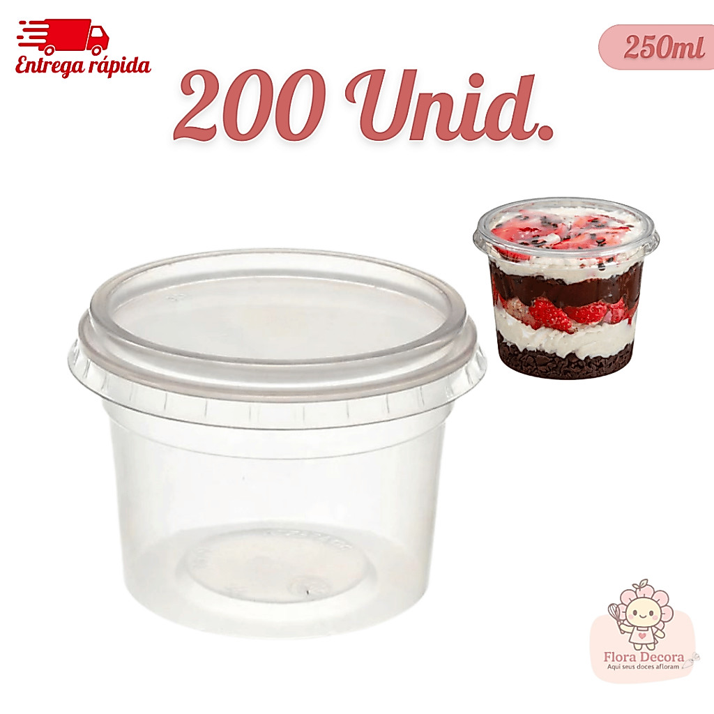 Kit 200 Pote Redondo Com Tampa Para Alimentos e Sobremesa Plástico 250ml