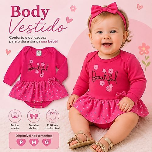 Body Vestido Bebê Feminino Manga Longa com Saia Estampada Conjunto Infantil Confortável +1bb