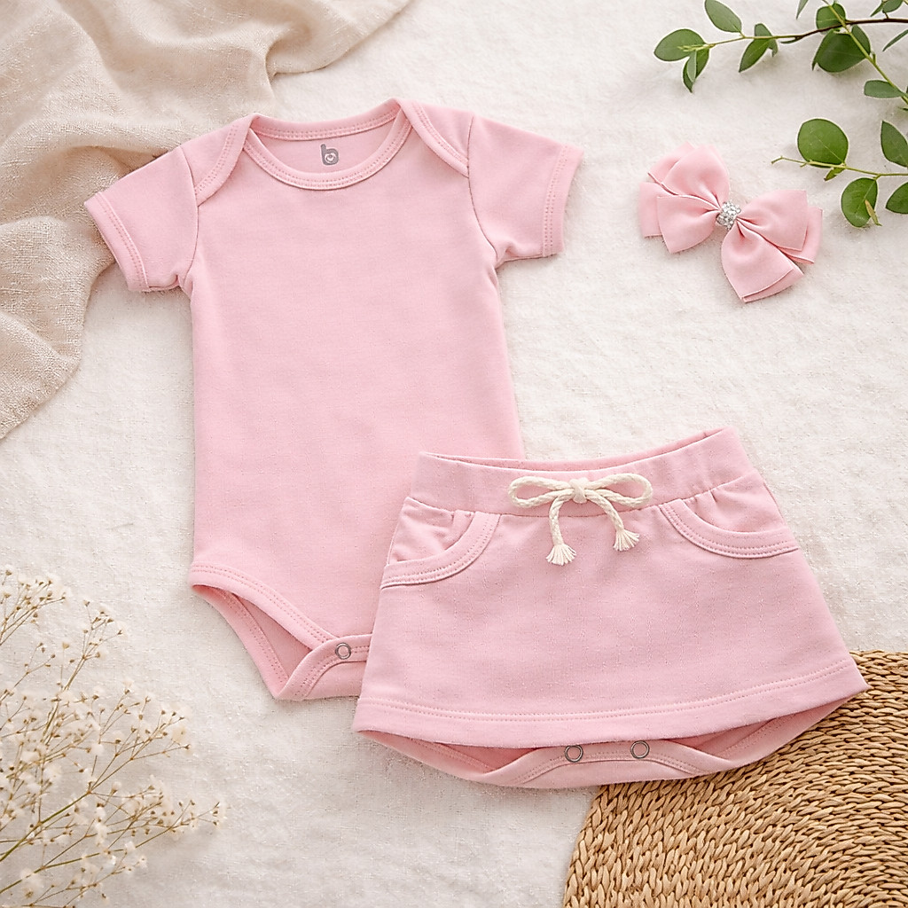 Conjunto de Bebê Menina Básico Dia a Dia Body Short e Laço 100% Algodão.