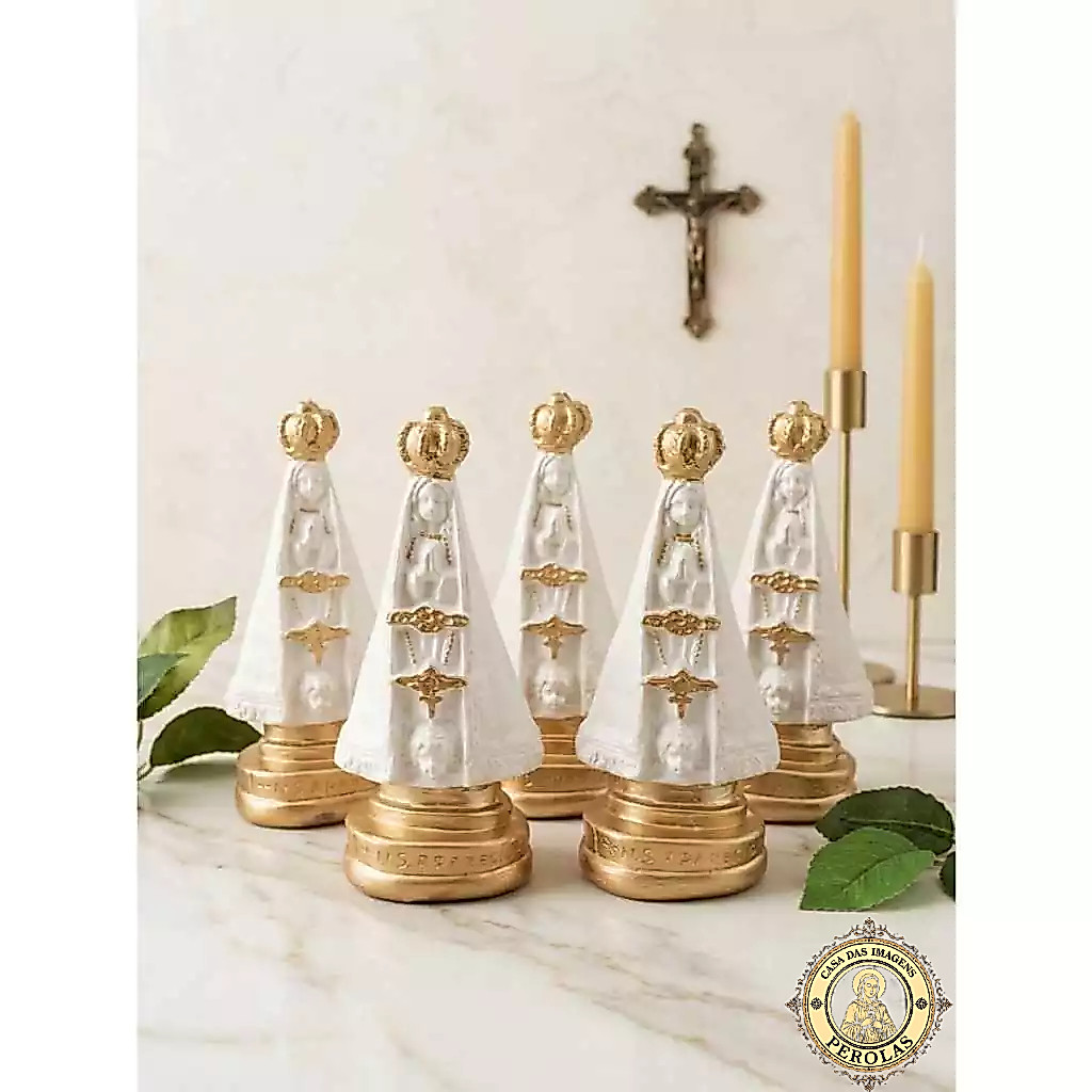 kit 5 imagens nossa senhora aparecida 15 cm gesso perola e dourado presente de fé presente batizado decoração religiosa