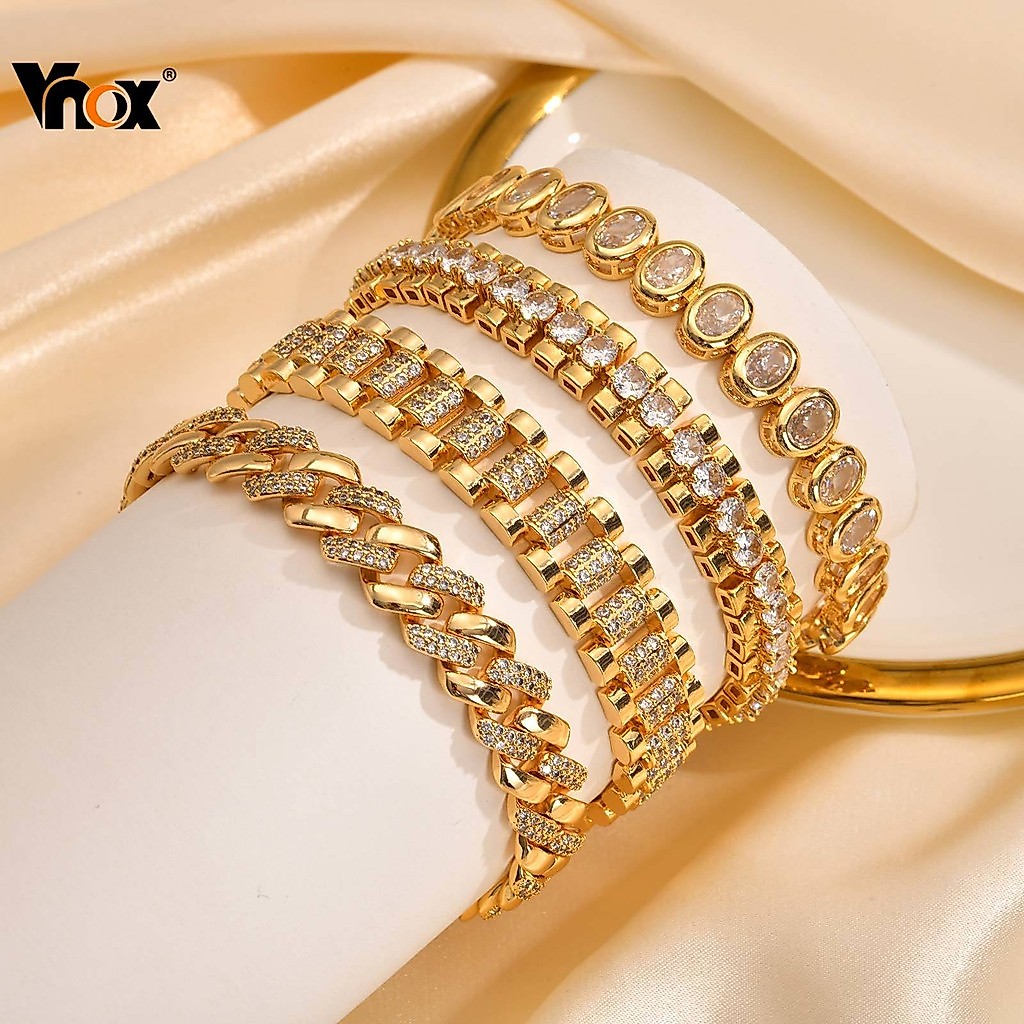 Pulseira Robusta De Zircônia Cúbica Vnox Para Mulheres , Presente De Joia Com Declaração De Elo Banhado A Ouro 18k