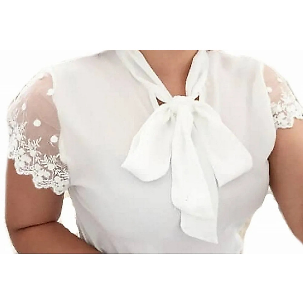 Blusa Camisa Feminina Branca Manga Curta Renda Social Moda Evangelica Laço Natal Natalina Ano Novo
