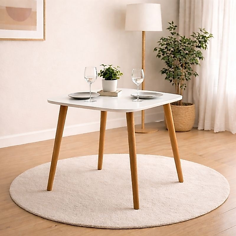 Mesa Sala Cozinha Jantar 80cm Redonda / Quadrada Cantos Arredondados Em MDF Pés Madeira Moderna