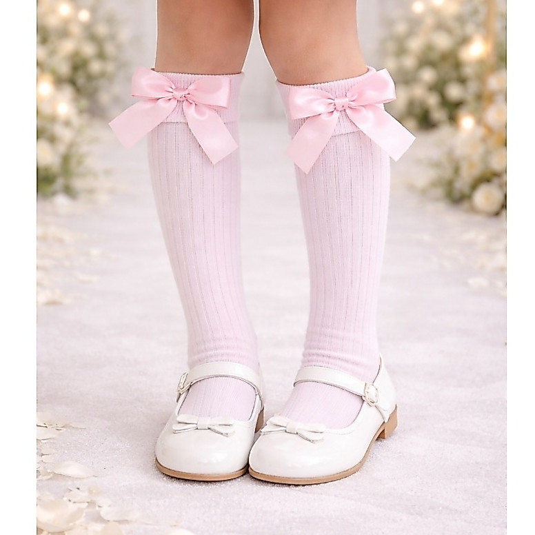Meia Infantil 3/4 Canelada com Laço Delicado Elegante Luxo - Estilo Princesa