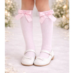 Meia Infantil 3/4 Canelada com Laço Delicado Elegante Luxo - Estilo Princesa