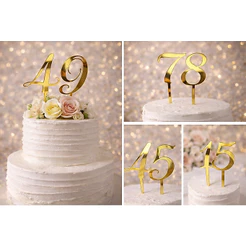 Topo de Bolo de aniversário idade com 2 Numeros em acrilico dourado espelhado